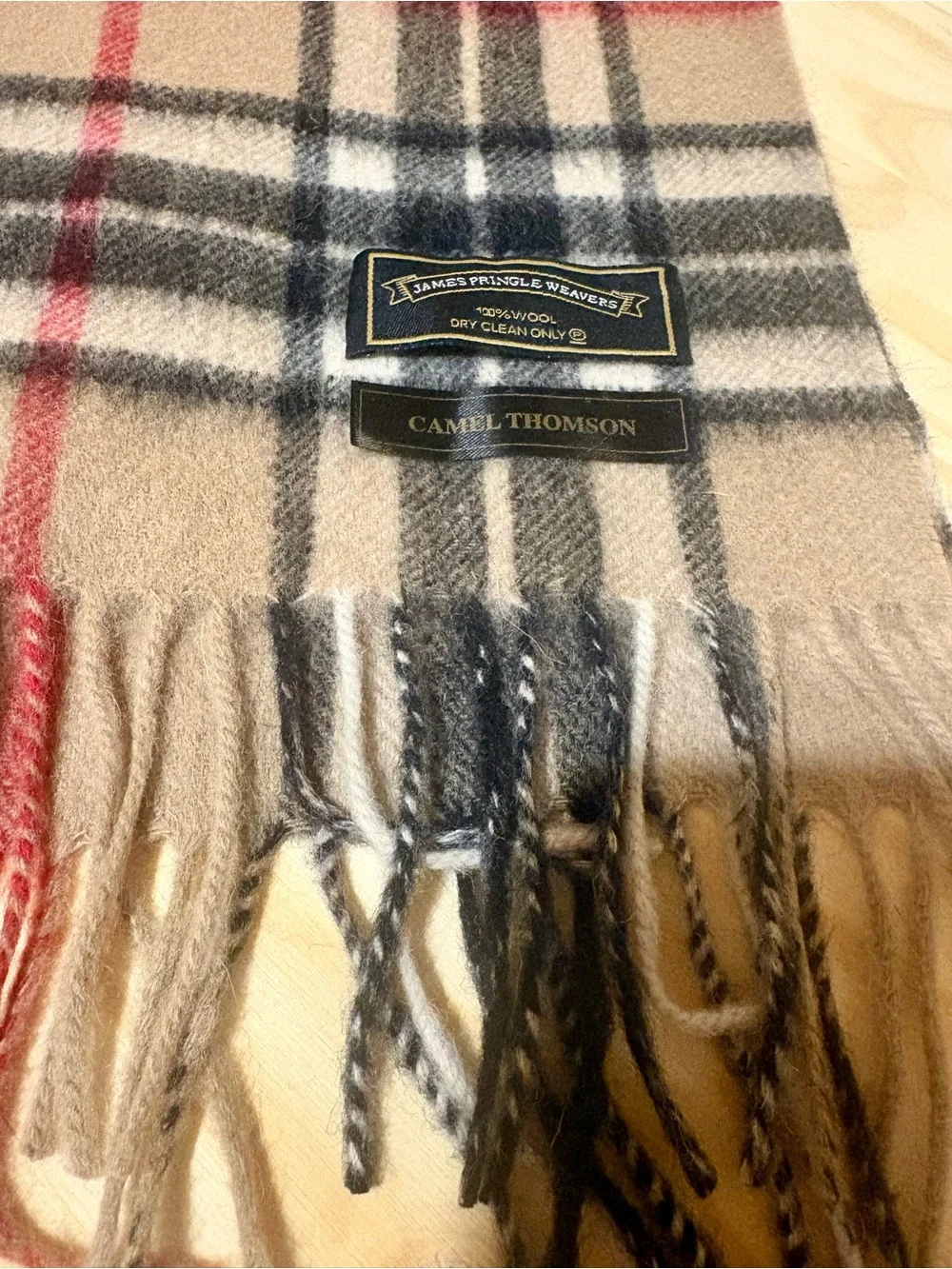 Camel Thomson Beige Plaid Wool-Blend Scarf with Fringe